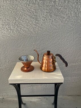 Hario Buono Copper Gooseneck Kettle w/Pour-Over Coffee Dripper Set Patina